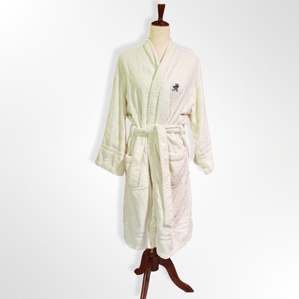 Vintage Ralph Lauren, White Cotton Terrycloth Bathrobe Bear Logo, OS Lounge Robe